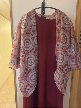Dainty Jewells Open-Front Circular Print Cardigan - Red, Blue, Cream